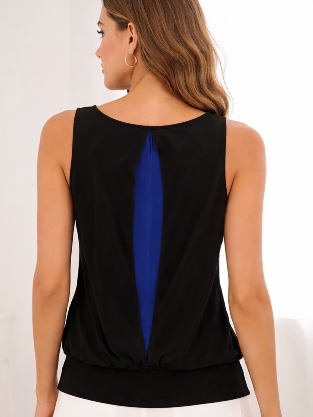 BAILEY 44 • Black Silky Blouson Sleeveless Dress Top with Back Peekaboo Blue